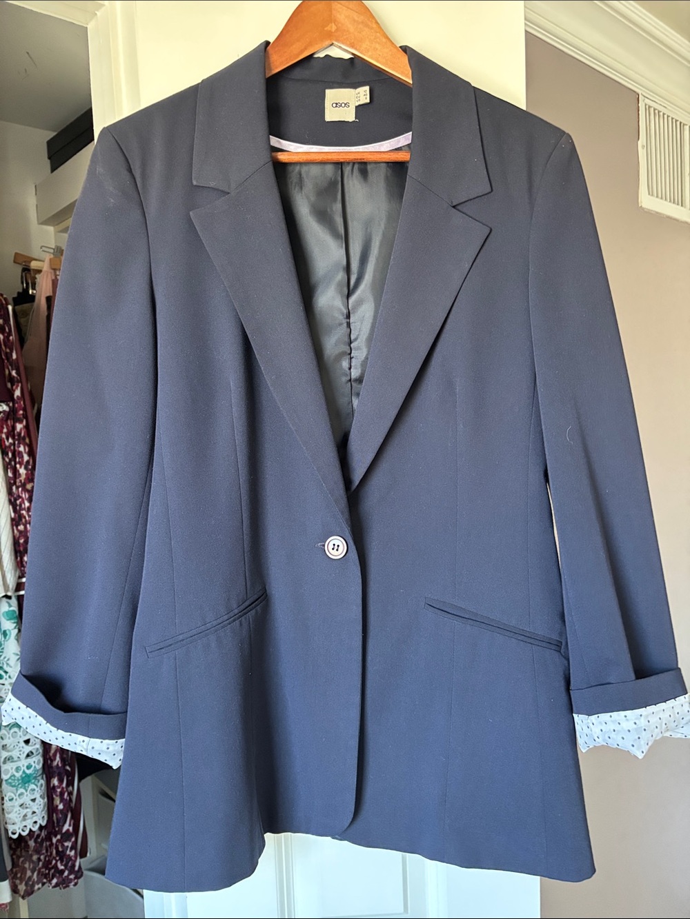 ASOS Navy Single-Button Blazer with Polka Dot Cuff
